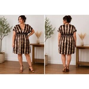 MSSP 100% Silk Babydoll Tunic Dress 1X Brown Tie Dye Empire Waist Flowy Boho
